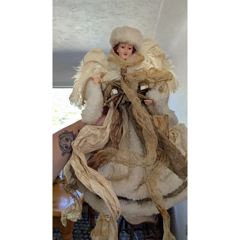 Vintage Style Porcelain Angel Christmas Tree Topper Gold Cream Faux Fur 15 Inch